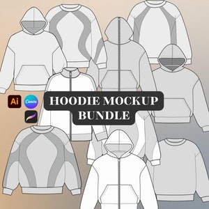 Streetwear Hoodie Bundle, Sweathisrt Vector Bundle, Clothing Tech Pack Canva Template - Procreate PNG Mockup, Fashion Vector Flats