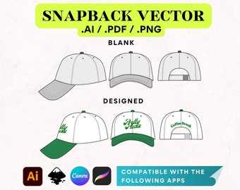 6 Panel Baseball Cap Canva DIY Mockup, Flat CAD Vector for Illustrator, Unisex Streetwear Activewear Accessories Drawing Editable Template
