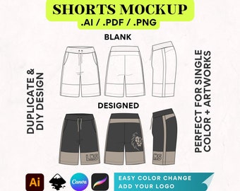May include: A mockup template for designing shorts. The image shows a blank white pair of shorts and a pair of shorts with a black, gray, and beige color scheme. The text "DUPLICATE & DIY DESIGN" is on the left side of the image. The text "SHORTS MOCKUP .AI/.PDF/.PNG" is at the top of the image. The text "BLANK" is above the blank shorts. The text "DESIGNED" is above the designed shorts. The text "PERFECT FOR SINGLE COLOR + ARTWORKS" is on the right side of the image. The text "EASY COLOR CHANGE ADD YOUR LOGO" is in a rectangular box at the bottom of the image. The text "Front & Back View Instant Download FREE to use on Canva THIS IS NOT SEWING PATTERN." is at the bottom of the image.
