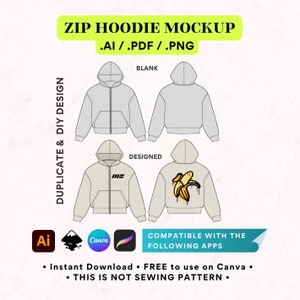 Streetwear Zip Up Hoodie Unisex Oversize Boxy Fit Canva Vector Mockup Template, Editable Mockup, Clothing Template Sketch Tech Pack