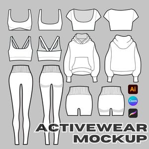 May include: White activewear mockup set on a gray background. Includes sports bras, a hoodie, leggings, and shorts. The text "ACTIVEWEAR MOCKUP" is displayed below the clothing items, along with the logos for Adobe Illustrator, Canva, and Procreate.