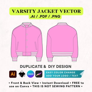 Peut inclure: Une veste de baseball rose avec des rayures blanches sur les manches et l'ourlet inférieur. La veste est présentée de face et de dos, et est un graphique vectoriel facilement personnalisable. Le texte sur l'image est le suivant : "VARSITY JACKET VECTOR .AI/.PDF/.PNG DUPLICATE & DIY DESIGN EASY COLOR CHANGE ADD YOUR LOGO / TEXT • Front & Back View • Instant Download • FREE to use on Canva • THIS IS NOT SEWING PATTERN."