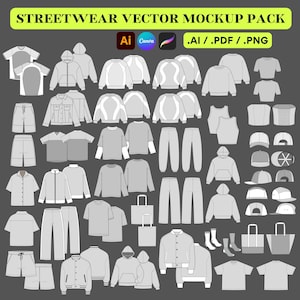 May include: A set of vector mockups for streetwear clothing and accessories. The set includes t-shirts, hoodies, sweatshirts, pants, shorts, hats, bags, and socks. The mockups are in a gray color and are designed to be used for creating custom designs.