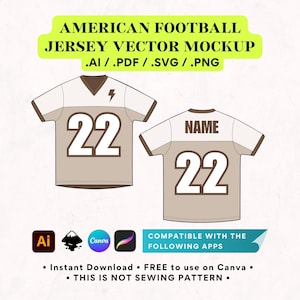 May include: A vector mockup of an American football jersey with a brown and white colour scheme. The jersey has the number 22 on the front and back. The text "NAME" is above the number on the back of the jersey. The jersey is compatible with Canva, Adobe Illustrator, and other design programs.
