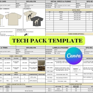 May include: Tech pack template for a boxy organic cotton t-shirt. The template includes details about the fabric, trims, labels, and packaging. The fabric is 100% organic cotton and comes in two colours: bleached sand and white. The t-shirt has a crew neck and short sleeves. The template also includes a size chart and a list of the different sizes available.