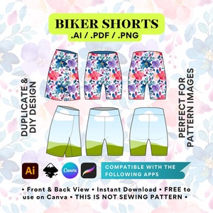 Può includere: Tre diversi design per pantaloncini da ciclista. Il primo design presenta un motivo floreale con fiori rosa, viola e blu su uno sfondo bianco. Il secondo design presenta un cielo blu con nuvole bianche ed erba verde. Il terzo design presenta un motivo floreale con fiori rosa, viola e blu su uno sfondo bianco. Il testo "BIKER SHORTS .AI/.PDF/.PNG" è in alto nell'immagine. Il testo "DUPLICATE & DIY DESIGN" è a sinistra dell'immagine. Il testo "PERFECT FOR PATTERN IMAGES" è a destra dell'immagine. Il testo "COMPATIBLE WITH THE FOLLOWING APPS" è sotto i pantaloncini. Il testo "Front & Back View Instant Download FREE to use on Canva THIS IS NOT SEWING PATTERN." è in basso nell'immagine.
