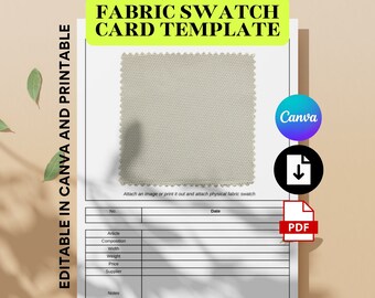 Può includere: Un modello di scheda di campione di tessuto stampabile con un campione di tessuto beige, una sezione per attaccare un campione di tessuto fisico e campi per registrare dettagli come l'articolo, la composizione, la larghezza, il peso, il prezzo, il fornitore e le note.