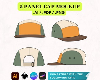 5 Panel Cap Canva Template DIY Mockup, Flat CAD Vector for Illustrator, Unisex Streetwear Activewear Accessories Drawing Editable Template