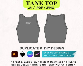 Plantilla de Canva para camiseta sin mangas corta acanalada para mujer, Vector Illustrator Mockup Procreate, Streetwear Vector Illustrator Plantilla Procreate Mockup