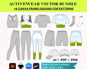 Women Activewear Canva DIY Vector Bundle, Canva Frame Template, Flat CAD Clothing Mockup, Clothing Vector, Sports and Activewear Design