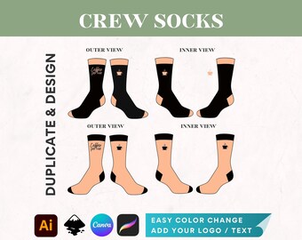 May include: A digital design template for crew socks featuring a coffee cup and the text "Coffee Person". The design is shown in both outer and inner views. The template is easy to customize with your own logo or text.