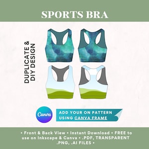 Puede incluir: Una ilustración digital de una plantilla de diseño de sujetador deportivo. La plantilla muestra las vistas frontal y posterior del sujetador. El sujetador tiene una banda negra y gris y una tela estampada verde y azul. El texto "ADD YOUR ON PATTERN USING CANVA FRAME" está incluido en la imagen.