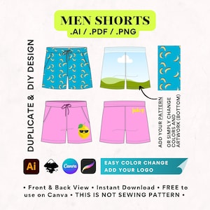 May include: A digital design template for men's shorts. The design features two different styles of shorts, one with a banana pattern and the other with a landscape scene. The text "ADD YOUR PATTERN OR SIMPLY CHANGE COLORS AND ARTWORK (BOTTOM)" is included in the image.