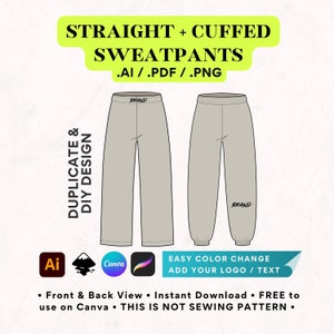 May include: A digital illustration of a pair of grey sweatpants with a cuffed bottom. The sweatpants have a straight leg and the word "BRAND" is printed on the front and back of the sweatpants.