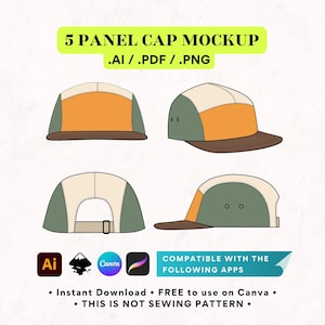 5 Panel Cap Canva Template DIY Mockup, Flat CAD Vector for Illustrator, Unisex Streetwear Activewear Accessories Drawing Editable Template