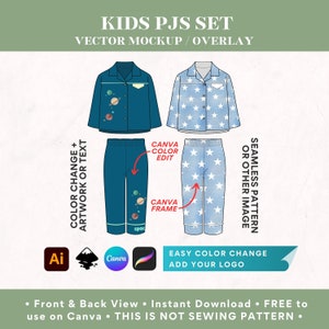 Może przedstawiać: Cyfrowy projekt dziecięcego piżamy z niebiesko-białym wzorem w gwiazdki i niebieską górą z wzorem planet. Projekt jest przeznaczony do użytku w Canva i zawiera edytowalne elementy kolorystyczne i tekstowe. Tekst na obrazku brzmi "KIDS PJS SET", "VECTOR MOCKUP/OVERLAY", "COLOR CHANGE + ARTWORK OR TEXT", "CANVA COLOR EDIT", "CANVA FRAME", "SEAMLESS PATTERN OR OTHER IMAGE", "EASY COLOR CHANGE ADD YOUR LOGO", "Front & Back View", "Instant Download", "FREE to use on Canva", "THIS IS NOT SEWING PATTERN".