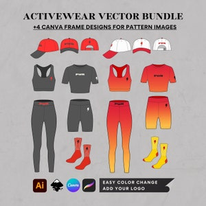 Può includere: Un set di quattro design di abbigliamento sportivo con uno schema di colori rosso, bianco e nero. I design includono un berretto, un reggiseno sportivo, una t-shirt, leggings, pantaloncini e calzini. I design sono personalizzabili e possono essere utilizzati per immagini di motivi. Il testo "PWR" appare sui design.