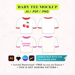 Puede incluir: Maqueta de una camiseta blanca para bebé con ribete rojo y rosa. La camiseta tiene dos diseños diferentes: uno con un gráfico de cereza y el otro con el texto "passenger princess".