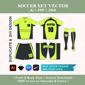 May include: A soccer uniform design template featuring a yellow and black colour scheme. The template includes a front and back view of a jersey, shorts, and socks. The jersey has the number 10 and the word "PLAYER" on the back. The shorts have the number 10 on the front. The socks have the number 10 on the front. The template is editable and can be customised with your own colours and logos.