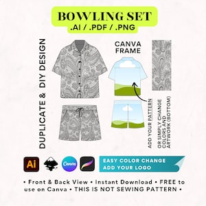 Könnte beinhalten: Eine digitale Designvorlage für ein Bowling-Shirt und -Shorts. Das Design zeigt ein schwarz-weißes Paisley-Muster. Die Vorlage ist in Canva bearbeitbar und enthält Anweisungen zum Hinzufügen eines Musters oder zum Ändern der Farben.