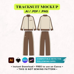 Könnte beinhalten: Ein Mockup eines Trainingsanzugs mit einer beige Jacke und einer braunen Hose. Die Jacke hat einen Reißverschluss und einen weißen Streifen an jeder Seite. Die Hose hat einen weißen Streifen an jedem Bein. Der Text "PALACE" ist auf die Jacke gedruckt. Das Bild ist kompatibel mit Adobe Illustrator, Canva und Procreate.