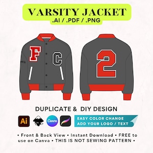 May include: A gray varsity jacket with red trim and white accents. The front of the jacket has a red "F" and a white "C" on the chest. The back of the jacket has a red "2" on the back. The jacket is a digital design and can be customized with different colors and logos.