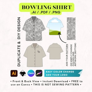 Könnte beinhalten: Eine digitale Designvorlage für ein Bowling-Shirt. Das Design zeigt ein Paisley-Muster in Schwarz und Weiß. Die Vorlage kann mit verschiedenen Farben und Mustern angepasst werden. Der Text auf dem Bild lautet "DUPLICATE & DIY DESIGN", "BOWLING SHIRT", ".AI/.PDF/.PNG", "EASY COLOR CHANGE", "ADD YOUR LOGO", "ADD YOUR PATTERN", "OR SIMPLY CHANGE COLORS AND ARTWORK (BOTTOM)", "Front & Back View", "Instant Download", "FREE to use on Canva", "THIS IS NOT SEWING PATTERN".