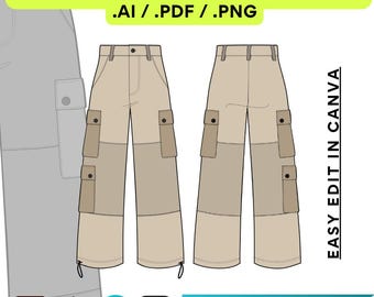 Modèle canva de pantalon cargo, maquette vectorielle streetwear, modèle Illustrator de pantalon évasé Procreate, maquettes de vêtements amples