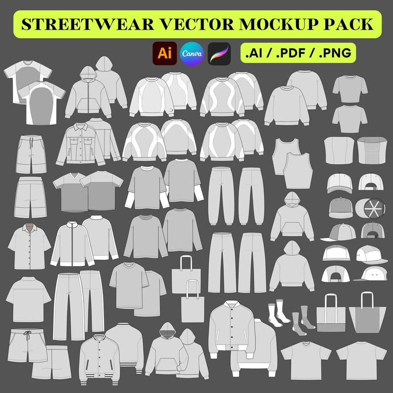 May include: A set of vector mockups for streetwear clothing and accessories. The set includes t-shirts, hoodies, sweatshirts, pants, shorts, hats, bags, and socks. The mockups are in a gray color and are designed to be used for creating custom designs.