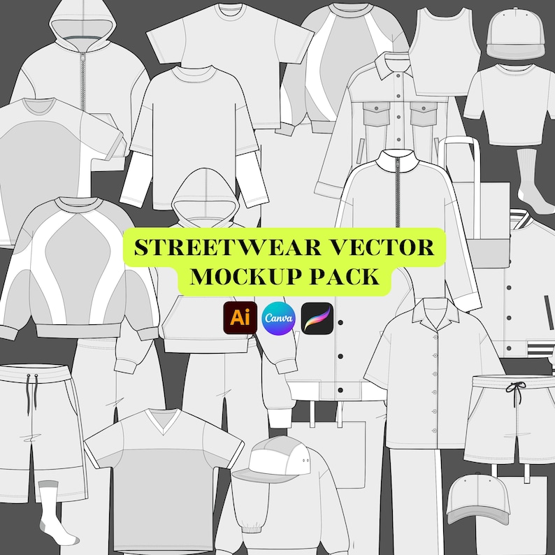 May include: A vector illustration set of streetwear clothing and accessories, including hoodies, jackets, shirts, pants, shorts, hats, and bags. The illustration is in black and white and is labeled "Streetwear Vector Mockup Pack".