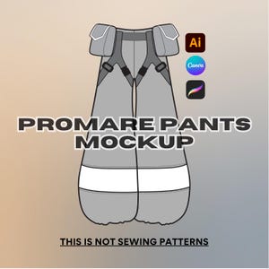 Puede incluir: Un diseño de maqueta de pantalones Promare grises con detalles blancos y hombreras. El texto "Promare Pants Mockup" se muestra en negrita, en letras grises. También es visible el texto "This is not sewing patterns".