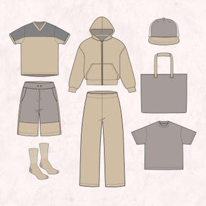 May include: A beige and gray outfit set with a hooded sweatshirt, t-shirt, pants, shorts, socks, a tote bag, and a baseball cap.