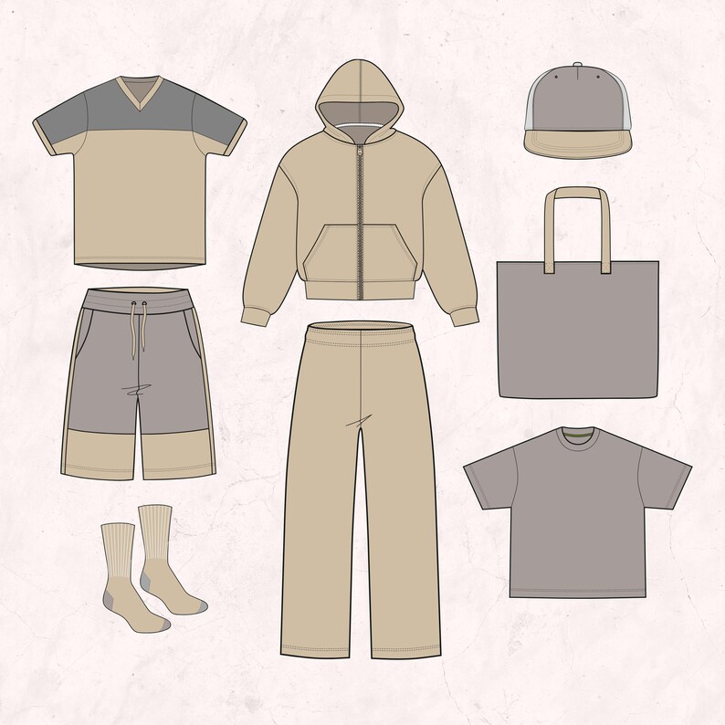 May include: A beige and gray outfit set with a hooded sweatshirt, t-shirt, pants, shorts, socks, a tote bag, and a baseball cap.