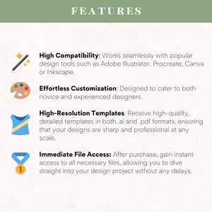 May include: A graphic with four features of a product. The features are High Compatibility, Effortless Customization, High-Resolution Templates, and Immediate File Access.