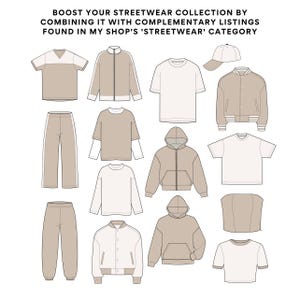 May include: A collection of 15 streetwear clothing items, including t-shirts, hoodies, sweatshirts, pants, and jackets. The items are in various colors, including white, beige, and brown.