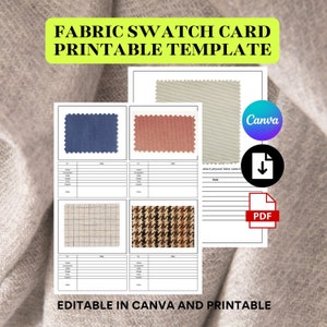 Op de afbeelding: Printbare stofstalenkaart met vier stofstalen, een sectie voor notities en de tekst "Editable in Canva and Printable".