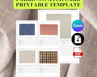Può includere: Modello di carta di campione di tessuto stampabile con quattro campioni di tessuto, una sezione per le note e il testo "Editable in Canva and Printable".