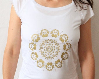 Lady's Mandala Medicinal Plants Organic T-Shirt with Plant Message Women Bamboo Shirt white gold fairtrade hand printed