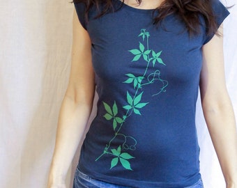 Clematis Medicinal Plants Organic T-Shirt with Plant Message Wild Wine Women Bamboo Shirt blue green fairtrade hand printed