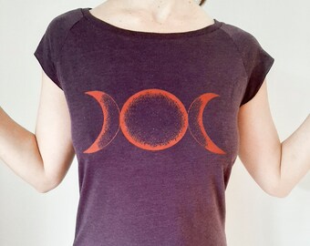 Moon Sister Organic T-Shirt with Double Print Pagan Moon Sign Women Bamboo Shirt purple dark red fairtrade hand printed