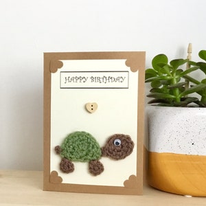 Handmade crocheted tortoise / turtle birthday card with free personalisation if required