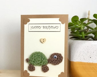 Handmade crocheted tortoise / turtle birthday card with free personalisation if required