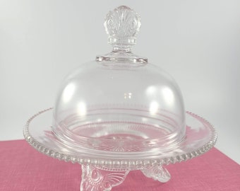 Antique Footed Butter Dome / EAPG Butter / Cheese Dome / Shell and Bead-Patterned Pressed Glass / Antique Glass Butter Dish