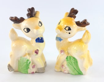 Pair of 1950's Deer Salt & Pepper / Cute Deer / Cottage Core / Vintage Kitchen / Kitschy Deer / Made In Japan