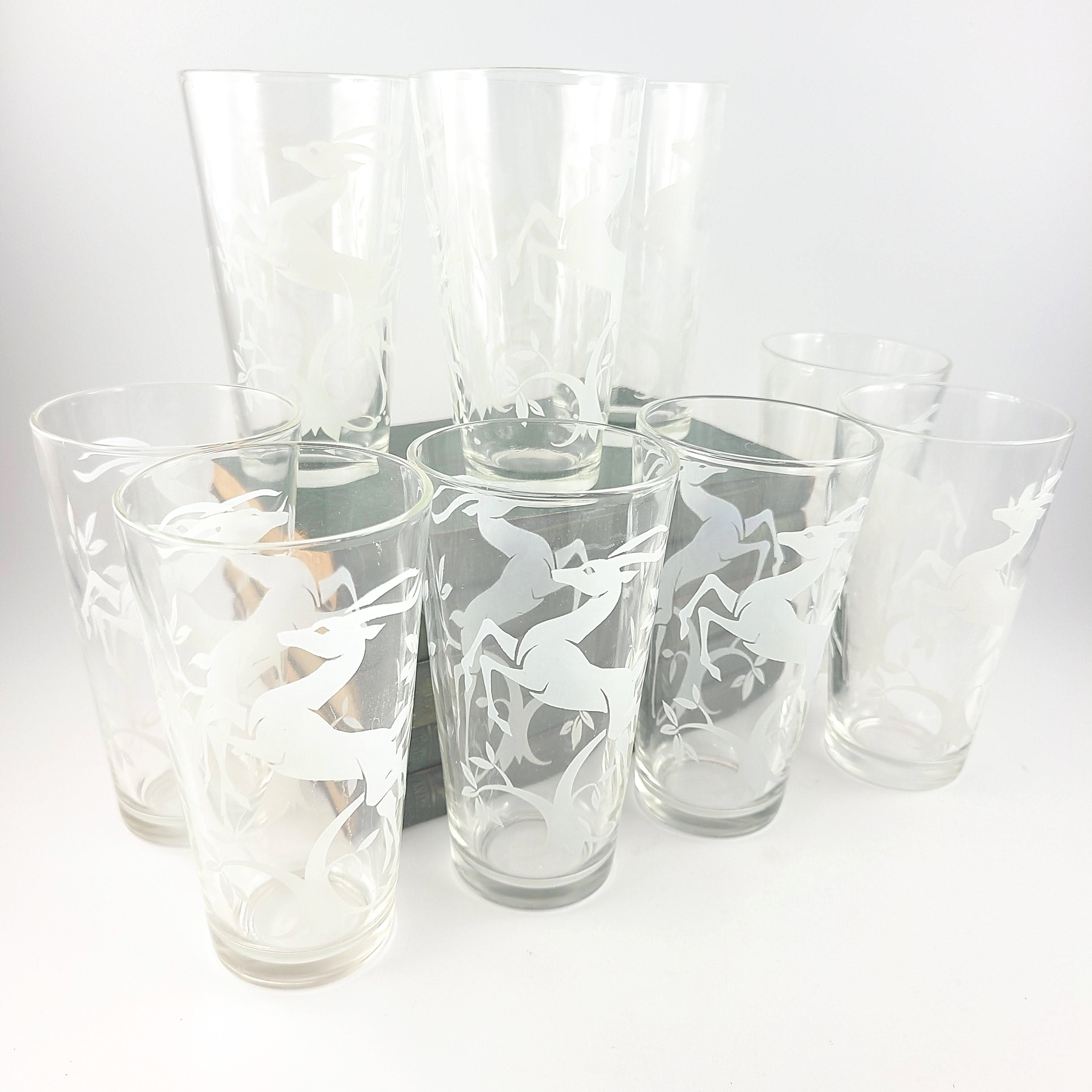 Set of 9 Vintage Federal Glass Gazelle High Ball Glasses / Etched Deer