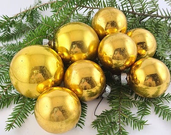 Set of 8 Gold Mercury Glass Vintage Gold Holiday Christmas Ornaments / 1950's Christmas Ornaments Made in USA / Vintage Christmas Ornaments