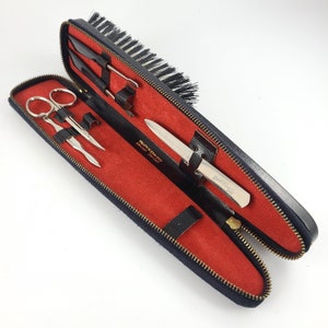 Vintage Leather Travel Set: Clothing Brush, Nail Grooming Kit, Sewing Kit / Vintage Leather Zipper Travel Kit / Bathroom Tools / Lint Brush