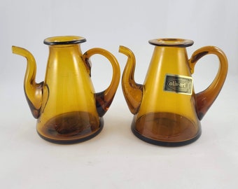 Vintage Oil and Vinegar Set  / Vintage Oliv-Art / Made In Spain / Vintage Amber Glass Jars / Vintage Oil and Vinegar Jars