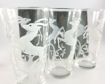 Set of 9 Vintage Federal Glass Gazelle High Ball Glasses / Etched Deer Glasses / Leaping Gazelle Drinking Glasses /Vintage Christmas Glasses