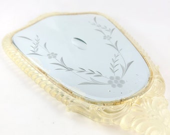 1940s Art-Deco Vanity Hand Mirror with Etched Glass and Lucite Frame / Double Sided Mirror / Vintage Mirror / Vintage Vanity